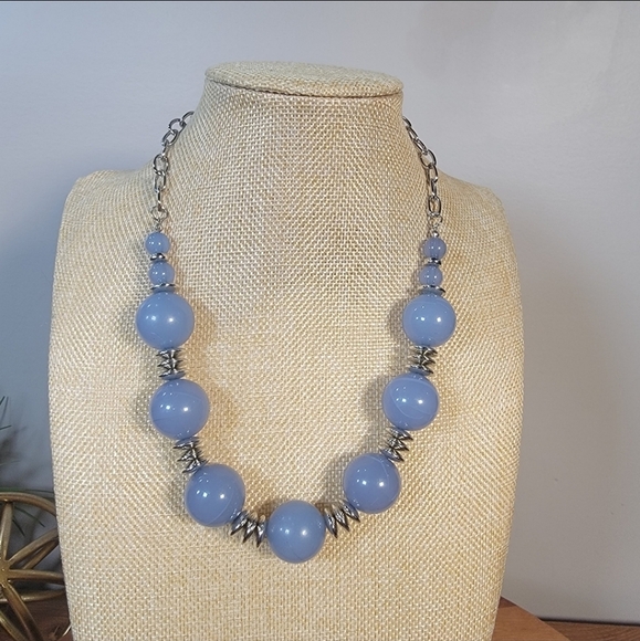 Blue Beaded Necklace With Silver Tone Accents Statement Jewelry - Picture 9 of 15